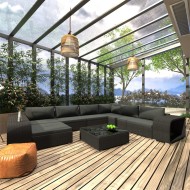 10-részes fekete polyrattan kerti bútorszett párnákkal