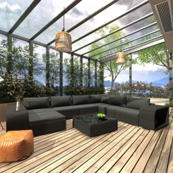10-részes fekete polyrattan kerti bútorszett párnákkal