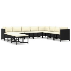 11 részes fekete polyrattan kerti bútorszett párnákkal