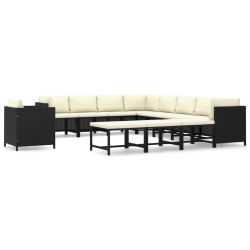 12 részes fekete polyrattan kerti bútorszett párnákkal