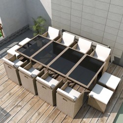 13-részes bézs polyrattan kültéri étkezőszett párnákkal