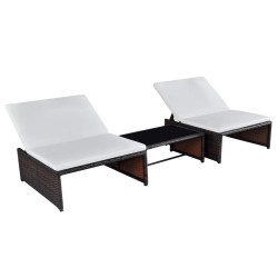 2 db barna polyrattan napozóágy asztallal