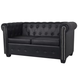 2 személyes fekete chesterfield műbőr kanapé