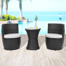 3 darabos fekete polyrattan bisztrószett párnákkal