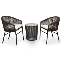 3-részes barna pvc rattan bisztrószett párnákkal