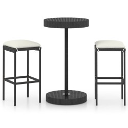 3 részes fekete polyrattan kültéri bárszett párnákkal