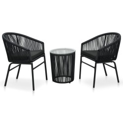 3-részes fekete pvc rattan bisztrószett párnákkal