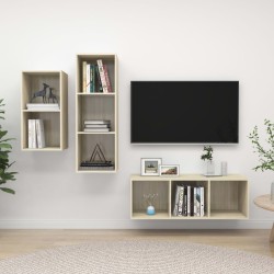 3 részes tölgyszínű forgácslap tv-szekrény szett