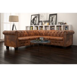 5 személyes barna műbőr chesterfield sarokkanapé