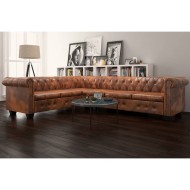 6 személyes barna műbőr chesterfield sarok kanapé