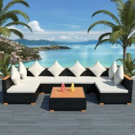 7-részes fekete polyrattan kerti bútorszett párnákkal