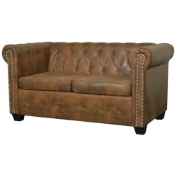 2 személyes barna műbőr chesterfield kanapé