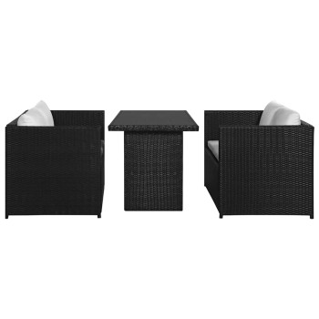 3-részes fekete polyrattan kerti bútorszett párnákkal