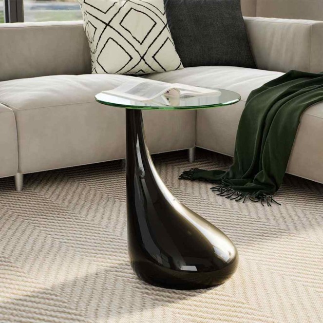 Magasfényű fekete dohányzóasztal kerek üveglappal
