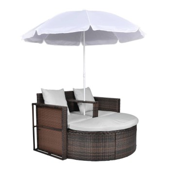Barna polyrattan kerti ágy napernyővel