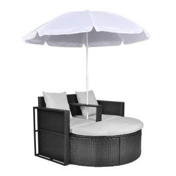 Fekete polyrattan kerti ágy napernyővel