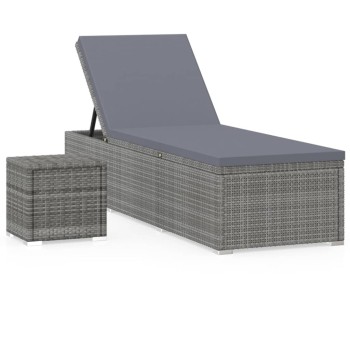 Szürke polyrattan napozóágy párnával és teázóasztallal