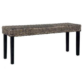 Fekete természetes kubu rattan és tömör mahagóni fa pad 110 cm