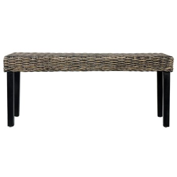 Fekete természetes kubu rattan és tömör mahagóni fa pad 110 cm