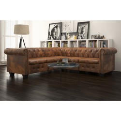 5 személyes barna műbőr chesterfield sarokkanapé