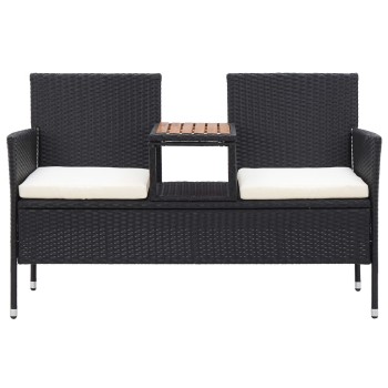 2 személyes fekete polyrattan kerti pad teázóasztallal 143 cm