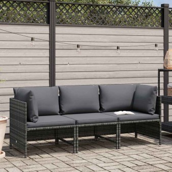 3 személyes szürke polyrattan kerti kanapé párnákkal