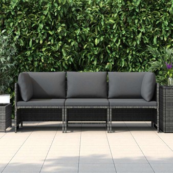 3 személyes szürke polyrattan kerti kanapé párnákkal