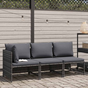 3 részes szürke polyrattan kerti bútorszett párnákkal
