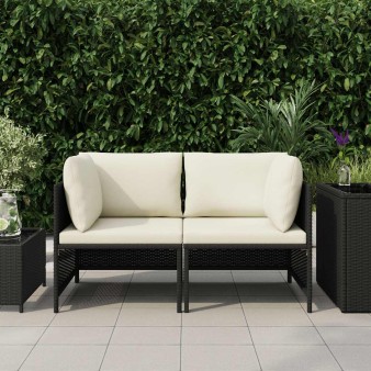 Fekete kétszemélyes polyrattan kerti kanapé párnákkal
