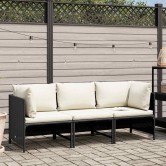 3 személyes fekete polyrattan kerti kanapé párnákkal