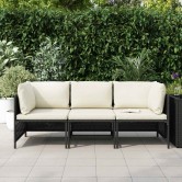 3 személyes fekete polyrattan kerti kanapé párnákkal