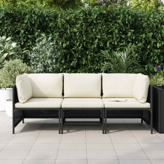 3 személyes fekete polyrattan kerti kanapé párnákkal