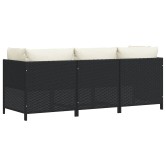 3 személyes fekete polyrattan kerti kanapé párnákkal