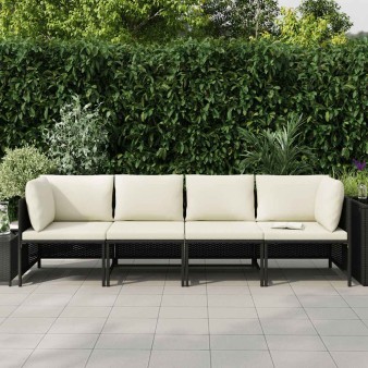 4 személyes fekete polyrattan kerti kanapé párnákkal