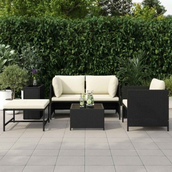 4 részes fekete polyrattan kerti kanapészett párnákkal