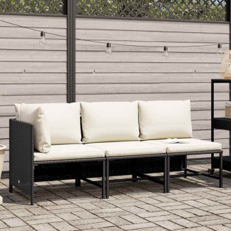 3 részes fekete polyrattan kerti ülőgarnitúra párnával