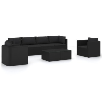 7 részes fekete polyrattan kerti társalgószett párnákkal