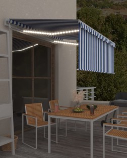 Kék/fehér szélérzékelős, led-es napellenző redőnnyel 3x2,5 m