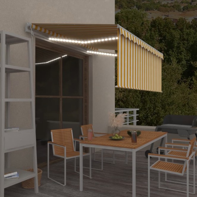 Sárga-fehér szélérzékelős, led-es napellenző redőnnyel 3x2,5 m