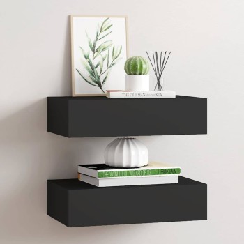 2 db fekete mdf falra szerelhető fiókos polc 40 x 23,5 x 10 cm