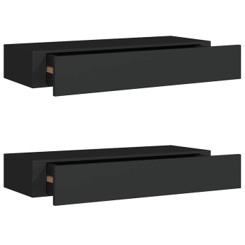 2 db fekete mdf falra szerelhető fiókos polc 60 x 23,5 x 10 cm