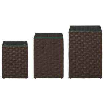 3 db barna polyrattan kisasztal üveg asztallappal