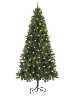Zöld megvilágított műkarácsonyfa gömb szettel/tobozzal 180 cm
