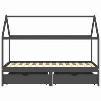 Fiókos sötétszürke tömör fenyőfa gyerekágykeret 90 x 200 cm