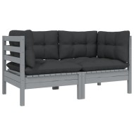 Kétszemélyes szürke tömör fenyőfa kerti kanapé párnákkal