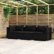 Fekete háromszemélyes polyrattan kanapé párnákkal