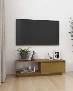 Mézbarna tömör fenyőfa tv-szekrény 110 x 30 x 33,5 cm