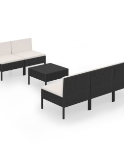 6 részes fekete polyrattan kerti bútorszett párnákkal