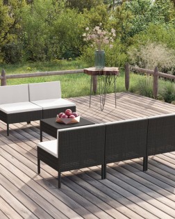 6 részes fekete polyrattan kerti bútorszett párnákkal