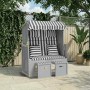 Szürke-fehér polyrattan és tömör fa strandszék párnákkal